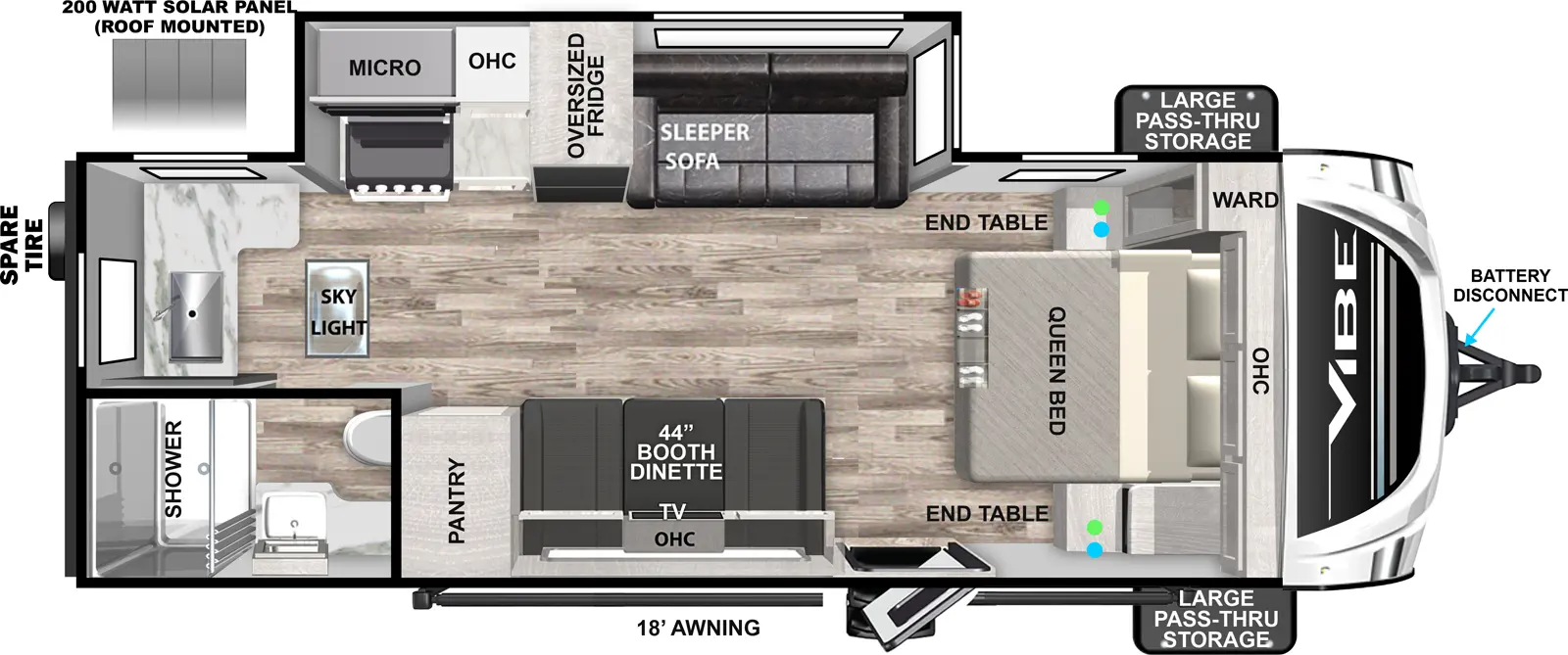 The Vibe West 22ML floorplan has one entry and one slide out. Exterior features include: metal exterior and 18' awning. Interiors features include: front bedroom.